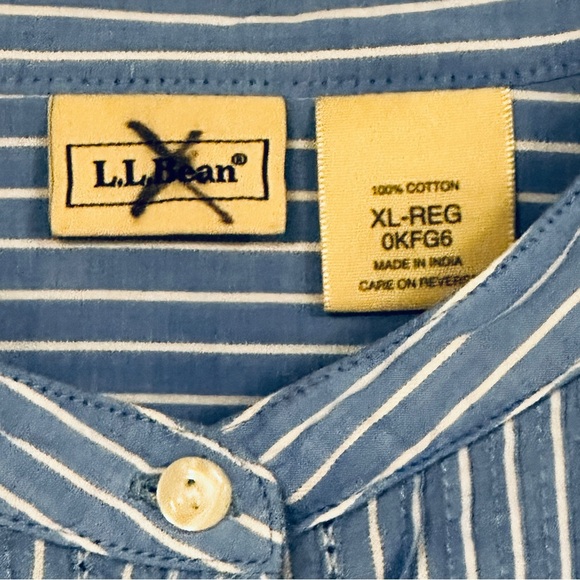 L.L. Bean Blue and White Striped Roll Tab Sleeve Cotton, Gathered Shirt, XL - Picture 2 of 8